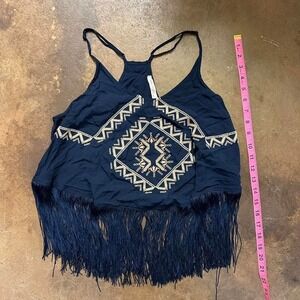 Haute Society Embroidered‎ Boho Fringe Tank Top Size Small